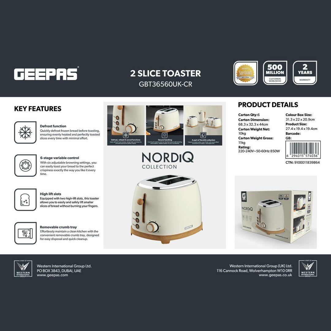 Geepas GBT36560UK-CR 2 Slice Toaster 850W  | Wood Effect Design | 6 Browning Levels | Defrost | Reheat | Cancel Function & High Lift Lever | Stylish NordiQ Design