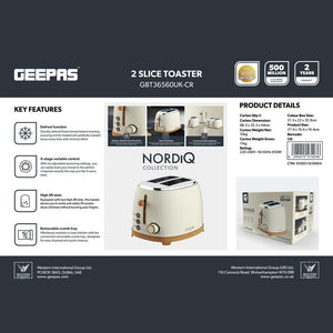 Geepas GBT36560UK-CR 2 Slice Toaster 850W  | Wood Effect Design | 6 Browning Levels | Defrost | Reheat | Cancel Function & High Lift Lever | Stylish NordiQ Design