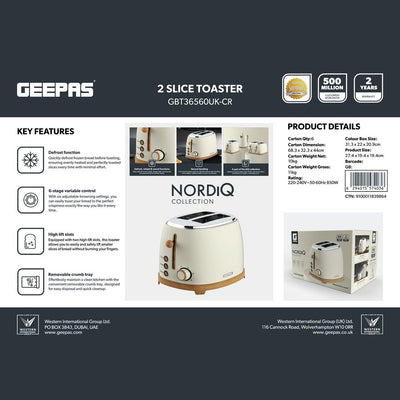 Geepas GBT36560UK-CR 2 Slice Toaster 850W  | Wood Effect Design | 6 Browning Levels | Defrost | Reheat | Cancel Function & High Lift Lever | Stylish NordiQ Design
