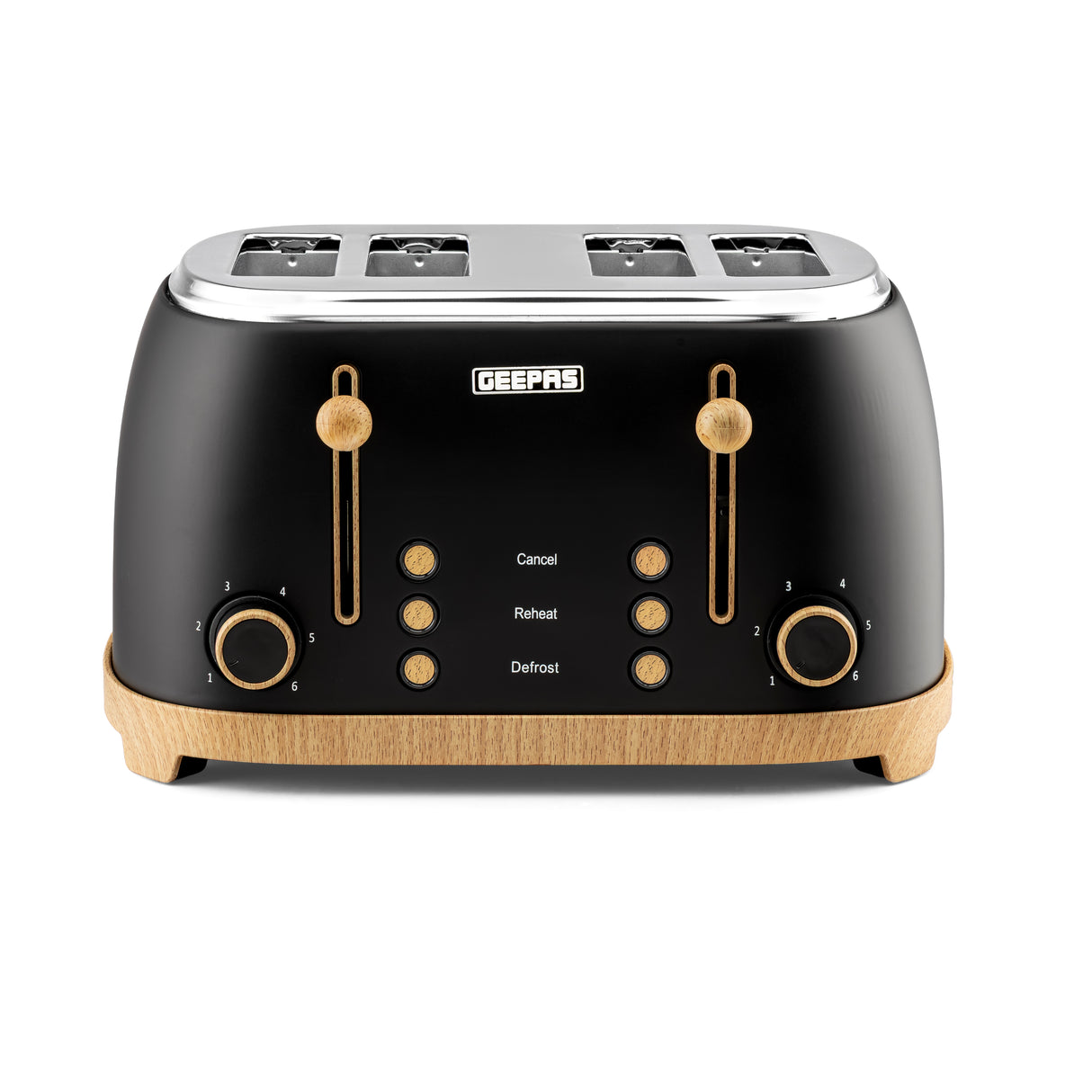 Geepas GBT36561UK-BK 4 Slice Toaster 1500W  Wood Effect Design | Dual Controls | 6 Browning Levels | Defrost, Reheat & Cancel Function | Stylish  NordiQ Collection