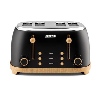 Geepas GBT36561UK-BK 4 Slice Toaster 1500W  Wood Effect Design | Dual Controls | 6 Browning Levels | Defrost, Reheat & Cancel Function | Stylish  NordiQ Collection