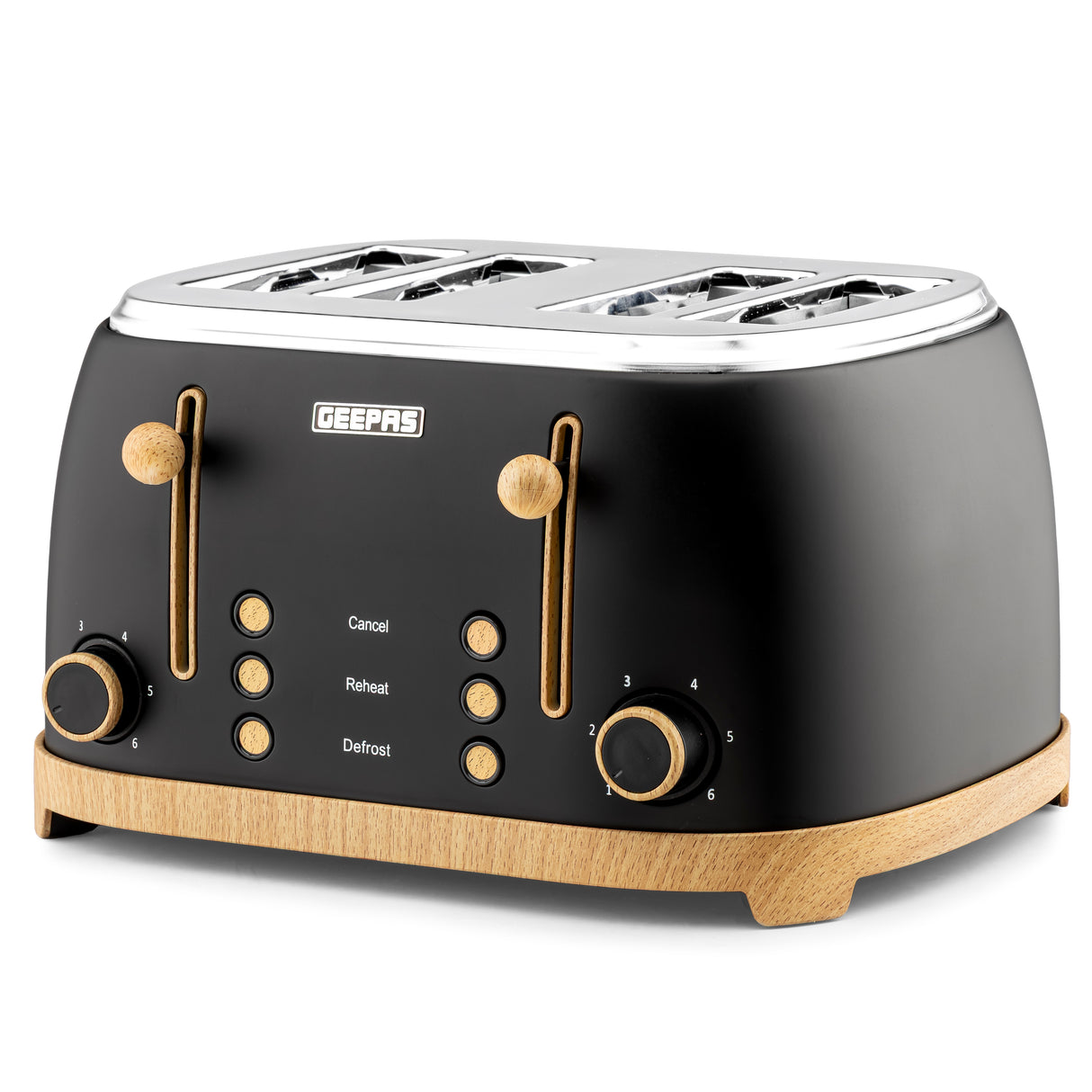 Geepas GBT36561UK-BK 4 Slice Toaster 1500W  Wood Effect Design | Dual Controls | 6 Browning Levels | Defrost, Reheat & Cancel Function | Stylish  NordiQ Collection