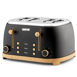 Geepas GBT36561UK-BK 4 Slice Toaster 1500W  Wood Effect Design | Dual Controls | 6 Browning Levels | Defrost, Reheat & Cancel Function | Stylish  NordiQ Collection
