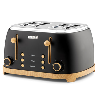 Geepas GBT36561UK-BK 4 Slice Toaster 1500W  Wood Effect Design | Dual Controls | 6 Browning Levels | Defrost, Reheat & Cancel Function | Stylish  NordiQ Collection