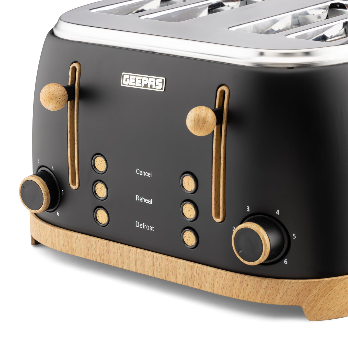 Geepas GBT36561UK-BK 4 Slice Toaster 1500W  Wood Effect Design | Dual Controls | 6 Browning Levels | Defrost, Reheat & Cancel Function | Stylish  NordiQ Collection