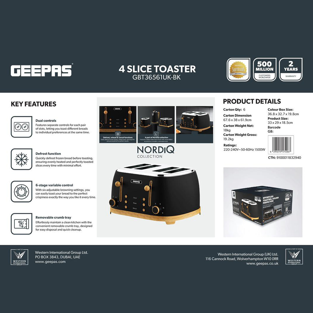 Geepas GBT36561UK-BK 4 Slice Toaster 1500W  Wood Effect Design | Dual Controls | 6 Browning Levels | Defrost, Reheat & Cancel Function | Stylish  NordiQ Collection