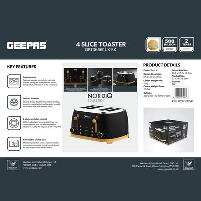 Geepas GBT36561UK-BK 4 Slice Toaster 1500W  Wood Effect Design | Dual Controls | 6 Browning Levels | Defrost, Reheat & Cancel Function | Stylish  NordiQ Collection