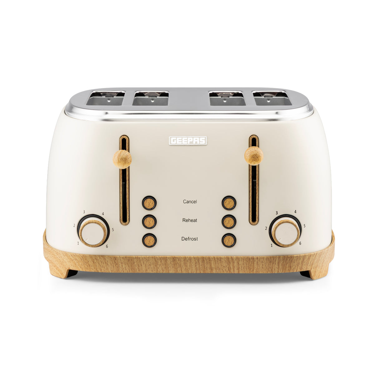 Geepas GBT36561UK-CR 4 Slice Toaster 1500W |  Wood Effect Design | Dual Controls | 6 Browning Levels | Defrost, Reheat & Cancel Function | Stylish NordiQ Collection