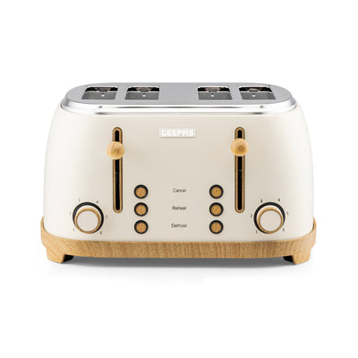 Geepas GBT36561UK-CR 4 Slice Toaster 1500W |  Wood Effect Design | Dual Controls | 6 Browning Levels | Defrost, Reheat & Cancel Function | Stylish NordiQ Collection