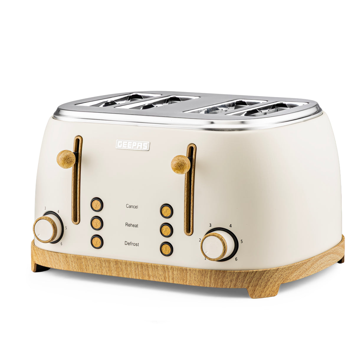 Geepas GBT36561UK-CR 4 Slice Toaster 1500W |  Wood Effect Design | Dual Controls | 6 Browning Levels | Defrost, Reheat & Cancel Function | Stylish NordiQ Collection