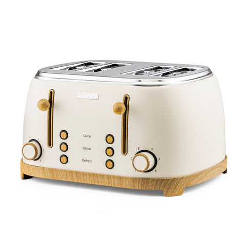 Geepas GBT36561UK-CR 4 Slice Toaster 1500W |  Wood Effect Design | Dual Controls | 6 Browning Levels | Defrost, Reheat & Cancel Function | Stylish NordiQ Collection