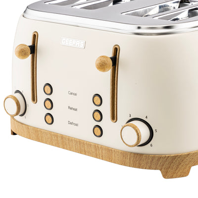 Geepas GBT36561UK-CR 4 Slice Toaster 1500W |  Wood Effect Design | Dual Controls | 6 Browning Levels | Defrost, Reheat & Cancel Function | Stylish NordiQ Collection