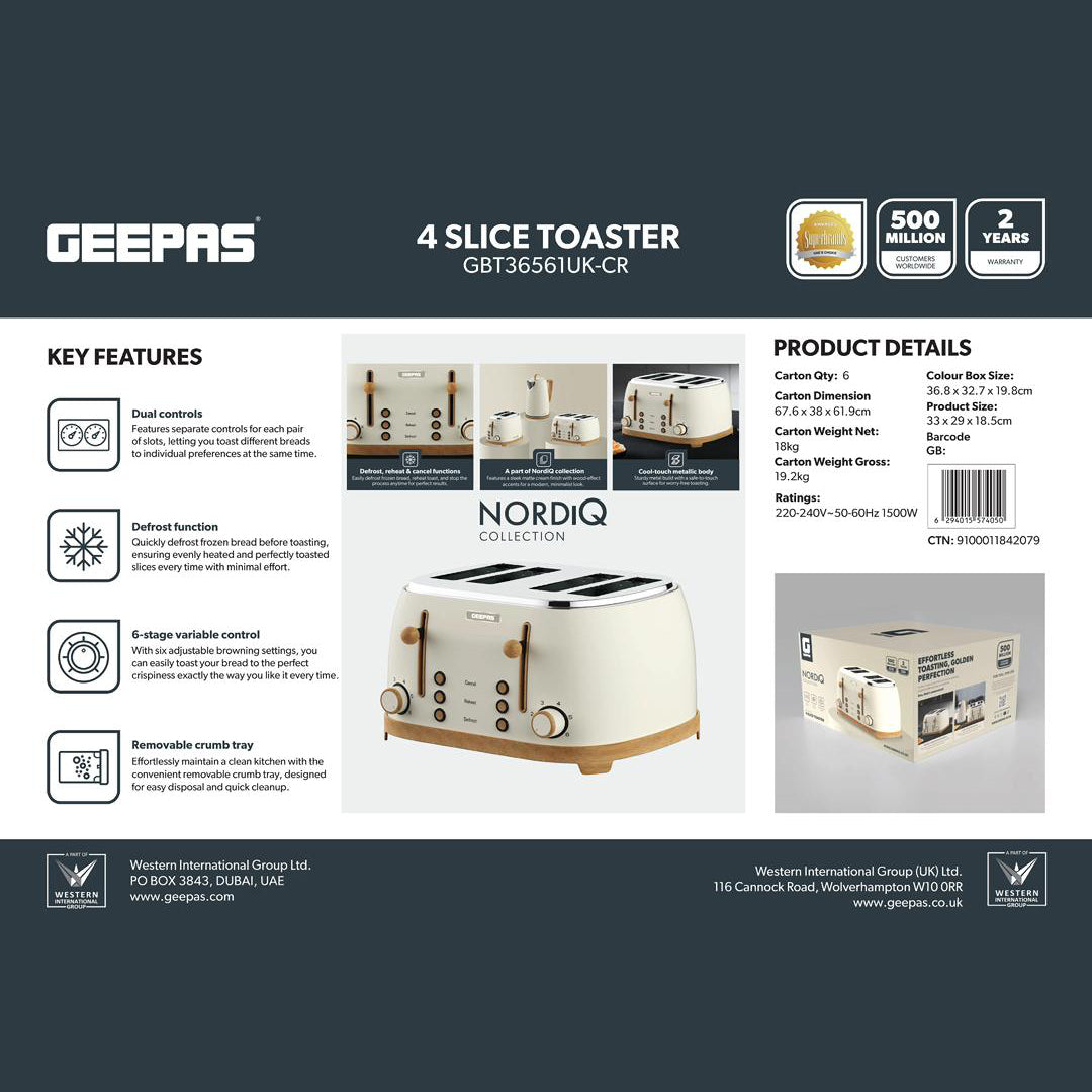 Geepas GBT36561UK-CR 4 Slice Toaster 1500W |  Wood Effect Design | Dual Controls | 6 Browning Levels | Defrost, Reheat & Cancel Function | Stylish NordiQ Collection