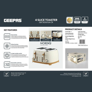 Geepas GBT36561UK-CR 4 Slice Toaster 1500W |  Wood Effect Design | Dual Controls | 6 Browning Levels | Defrost, Reheat & Cancel Function | Stylish NordiQ Collection