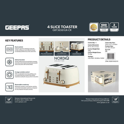 Geepas GBT36561UK-CR 4 Slice Toaster 1500W |  Wood Effect Design | Dual Controls | 6 Browning Levels | Defrost, Reheat & Cancel Function | Stylish NordiQ Collection