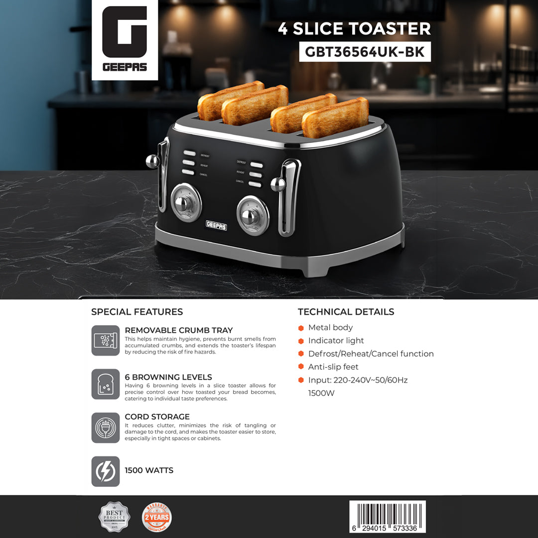 Geepas GBT36564UK-BK 4 Slice Toaster | Powerful 1500W Metal Body | 6 Browning Levels | Removable Crumb Tray | Defrost, Reheat & Cancel Functions with Cord Storage