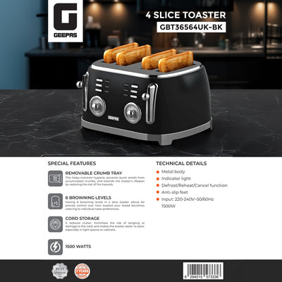 Geepas GBT36564UK-BK 4 Slice Toaster | Powerful 1500W Metal Body | 6 Browning Levels | Removable Crumb Tray | Defrost, Reheat & Cancel Functions with Cord Storage