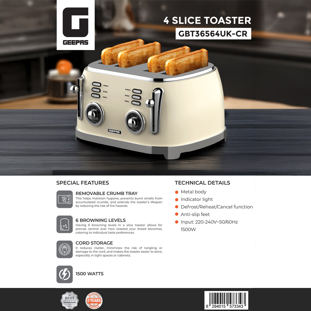 Geepas 4 Slice Toaster GBT36564UK-CR | 1500W Powerful Toaster with 6 Adjustable Browning Levels, Defrost, Reheat & Cancel Functions, Removable Crumb Tray, Cord Storage