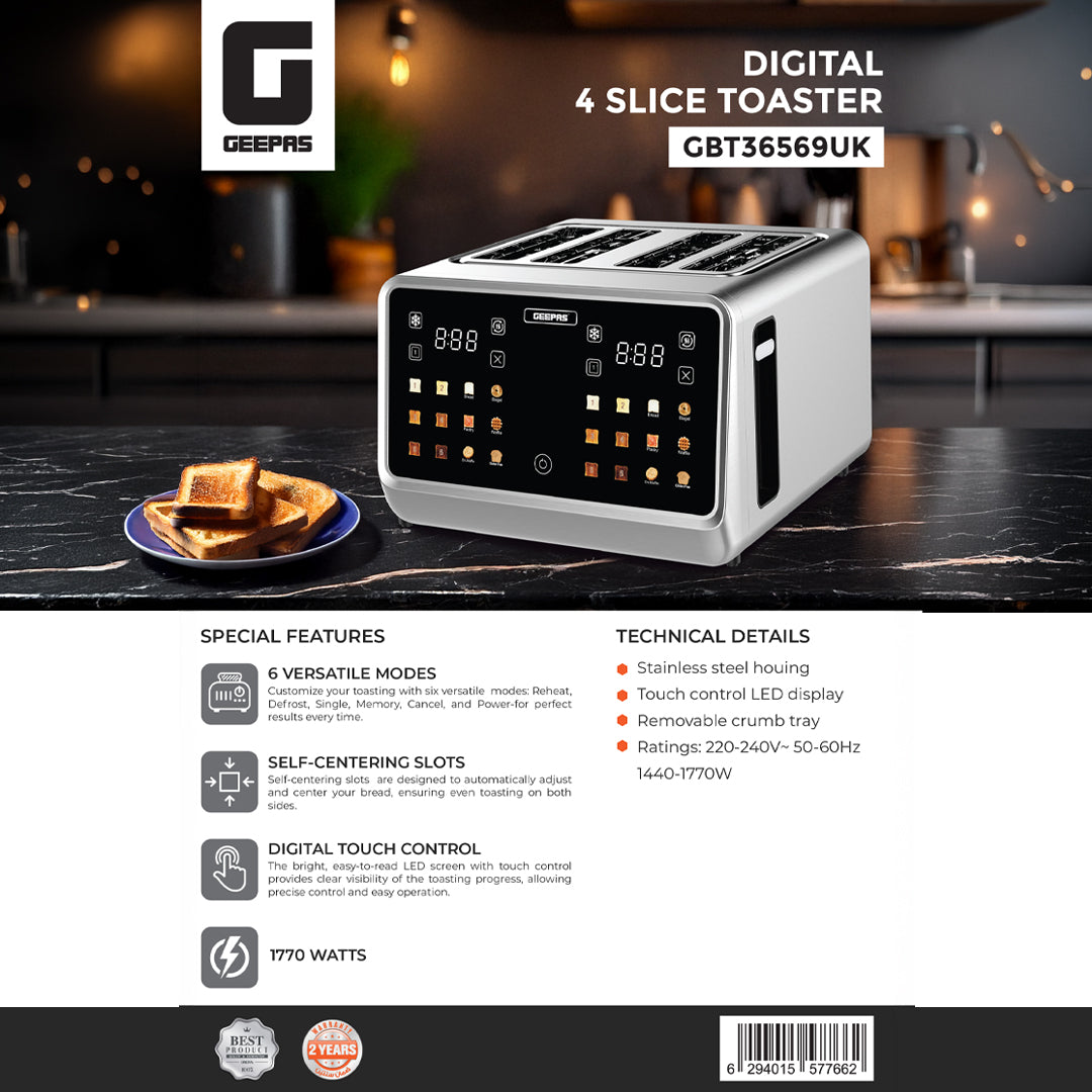 Geepas Digital 4-Slice Toaster- GBT36569UK/ 6 Modes, Removable Crumb Tray and Stainless Steel Housing, Defrost, Reheat and Cancel Functions/  2 Years Warranty, Silver