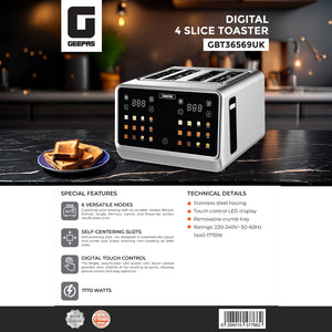 Geepas Digital 4-Slice Toaster- GBT36569UK/ 6 Modes, Removable Crumb Tray and Stainless Steel Housing, Defrost, Reheat and Cancel Functions/  2 Years Warranty, Silver