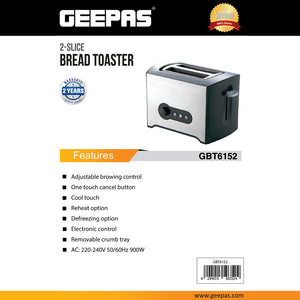 Geepas GBT6152  2-Slice Bread Toaster | 900W Power | Adjustable Browning Control | Cancel,  Reheat & Defrost Functions | Removable Crumb Tray | 2 Years Warranty
