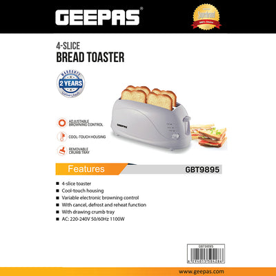Geepas GBT9895 4-Slice Bread Toaster |1100W Power|  Browning Control Settings| Cancel Function| Removable Crumb Tray| Cord Storage| Heat-Resistant Body|2 Years Warranty