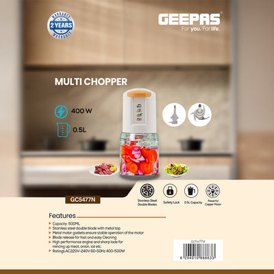 Geepas GC5477 Multi Chopper | 400W Powerful Copper Motor, 0.5L Capacity Bowl, Stainless Steel Double Blades, Safety Lock System | Compact Design, White, 2-Year Warranty