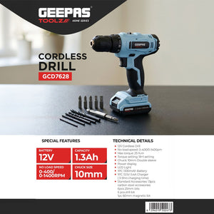 Geepas GCD7628 12V Cordless Drill | 25Nm Torque, 1.3Ah