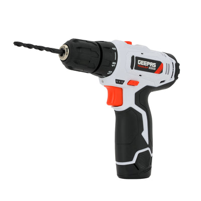 Geepas 12V Cordless Drill- GCD7628/ Chuck Size 10 mm, Perfect For Home and Business, Comfortable Grip, Ergonomic Design/ Includes Accessories, Battery and Charger/ White