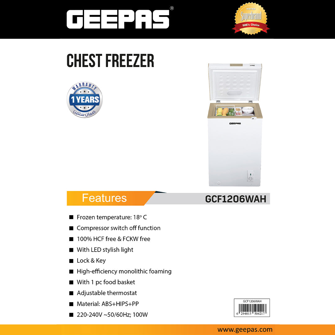 Geepas GCF1206WAH Chest Freezer |120L Compact Deep Freezer | Energy-Efficient Cooling System | Adjustable Thermostat| Low Noise Operation| Durable Build | 1-Year Warranty