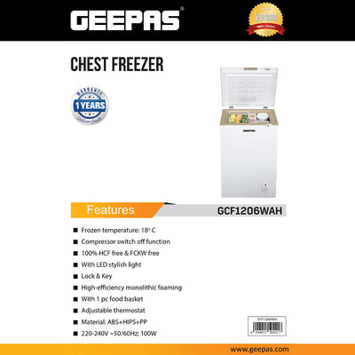 Geepas GCF1206WAH Chest Freezer |120L Compact Deep Freezer | Energy-Efficient Cooling System | Adjustable Thermostat| Low Noise Operation| Durable Build | 1-Year Warranty