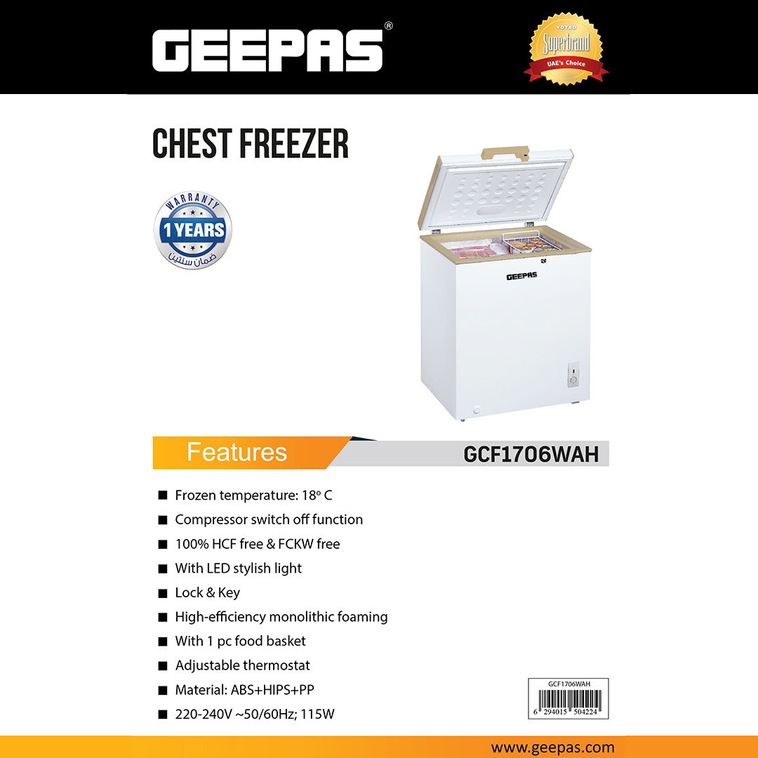Geepas GCF1706WAH Chest Freezer | 170L Capacity |-18°C Deep Freezer with LED Light, Lock & Adjustable Thermostat | 115W Energy-Efficient Cooling  | 1 Year Warranty