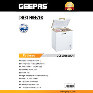 Geepas GCF1706WAH Chest Freezer | 170L Capacity |-18°C Deep Freezer with LED Light, Lock & Adjustable Thermostat | 115W Energy-Efficient Cooling  | 1 Year Warranty