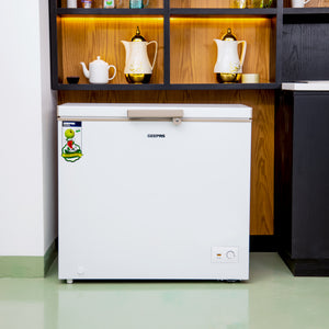 Geepas GCF2506WAH Chest Freezer |  250L  High-Efficiency Deep Freezer | LED Stylish Light | Adjustable Thermostat | Lock & Key | 1 Food Basket | 1 Year Warranty