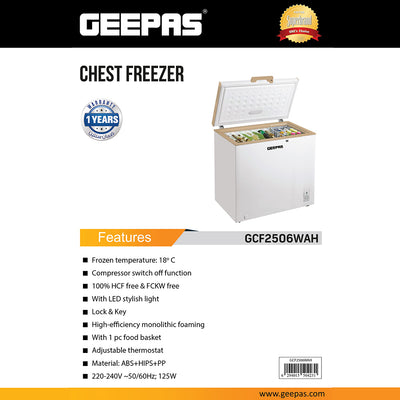 Geepas GCF2506WAH Chest Freezer |  250L  High-Efficiency Deep Freezer | LED Stylish Light | Adjustable Thermostat | Lock & Key | 1 Food Basket | 1 Year Warranty