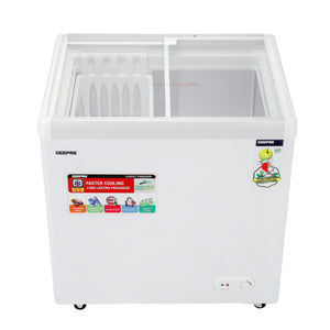 Geepas GCF2622SG Chest Showcase Freezer | 260L  Convertible Freezer & Fridge | Adjustable Thermostat | Sliding Glass Door | Lock & Key | LED Lamp | 1-Year Warranty