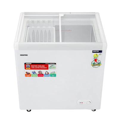 Geepas GCF2622SG Chest Showcase Freezer | 260L  Convertible Freezer & Fridge | Adjustable Thermostat | Sliding Glass Door | Lock & Key | LED Lamp | 1-Year Warranty
