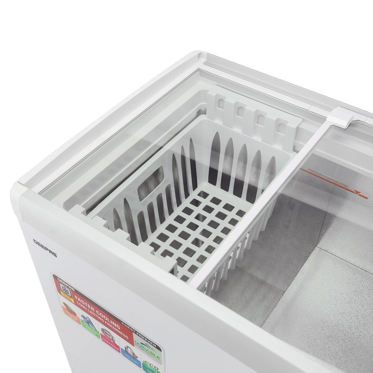 Geepas GCF2622SG Chest Showcase Freezer | 260L  Convertible Freezer & Fridge | Adjustable Thermostat | Sliding Glass Door | Lock & Key | LED Lamp | 1-Year Warranty