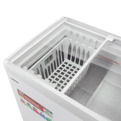 Geepas GCF2622SG Chest Showcase Freezer | 260L  Convertible Freezer & Fridge | Adjustable Thermostat | Sliding Glass Door | Lock & Key | LED Lamp | 1-Year Warranty