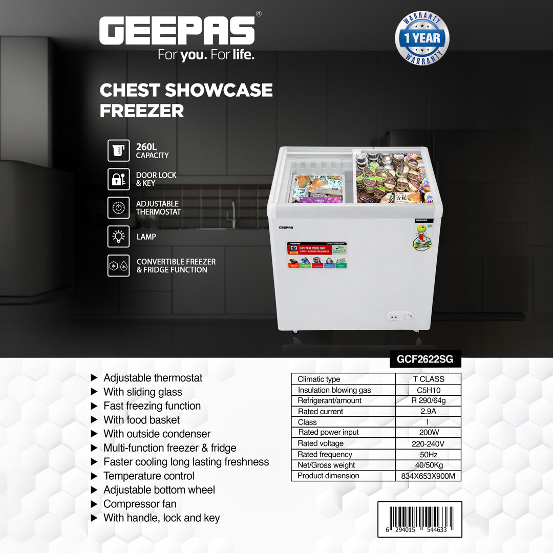 Geepas 260 L Chest Showcase Freezer- GCF2622SG