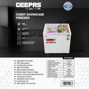 Geepas GCF2622SG Chest Showcase Freezer | 260L  Convertible Freezer & Fridge | Adjustable Thermostat | Sliding Glass Door | Lock & Key | LED Lamp | 1-Year Warranty