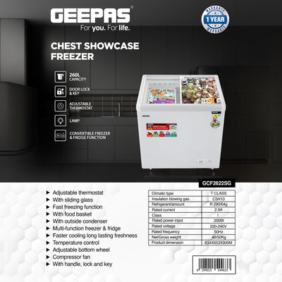 Geepas GCF2622SG Chest Showcase Freezer | 260L  Convertible Freezer & Fridge | Adjustable Thermostat | Sliding Glass Door | Lock & Key | LED Lamp | 1-Year Warranty