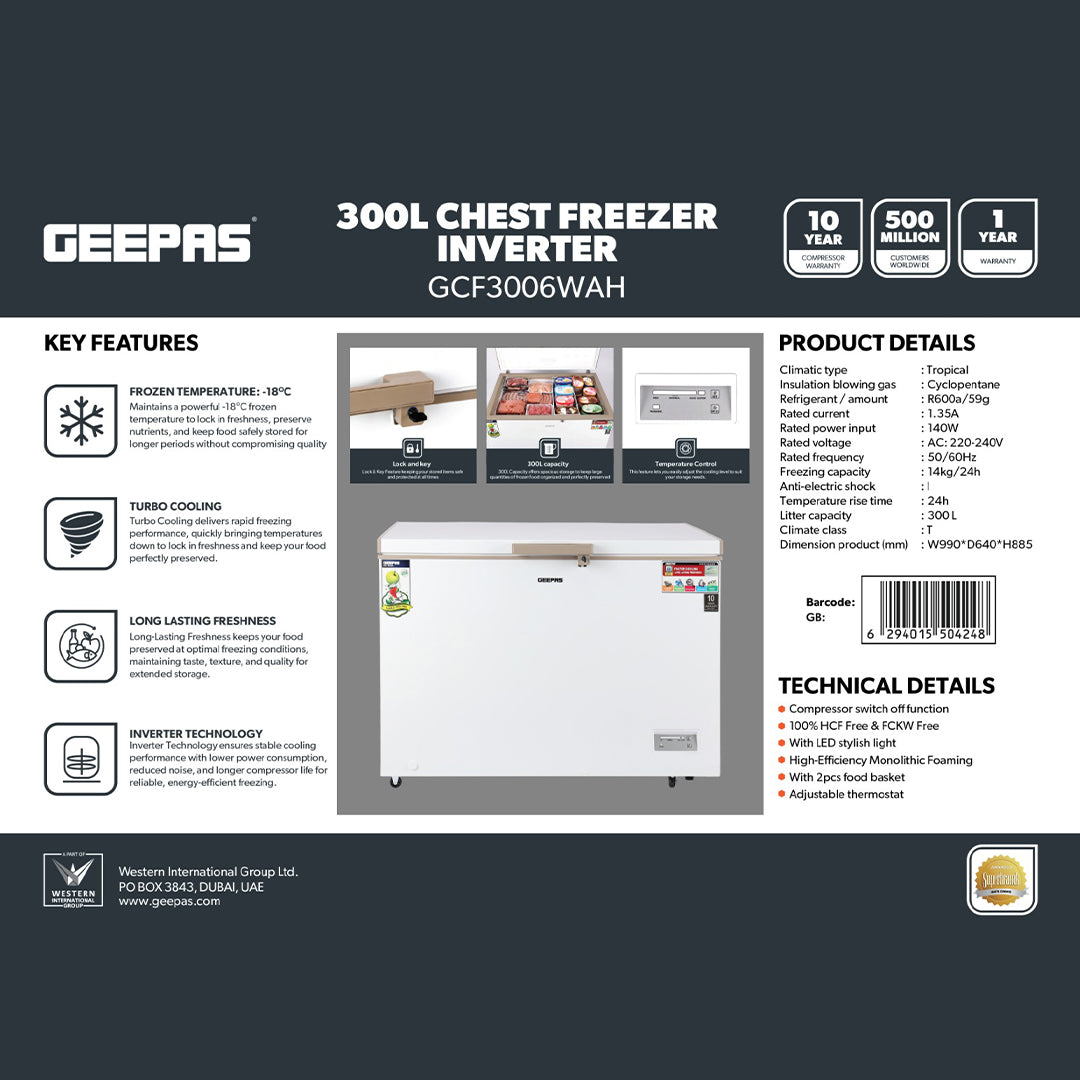 Geepas GCF3006WAH Chest Freezer |300L Large Capacity| Energy-Efficient Deep Freezer|  Adjustable Thermostat| Fast Freezing Function| Low Noise Operation| 1-Year Warranty