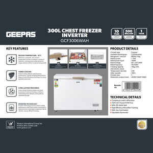 Geepas GCF3006WAH Chest Freezer |300L Large Capacity| Energy-Efficient Deep Freezer|  Adjustable Thermostat| Fast Freezing Function| Low Noise Operation| 1-Year Warranty