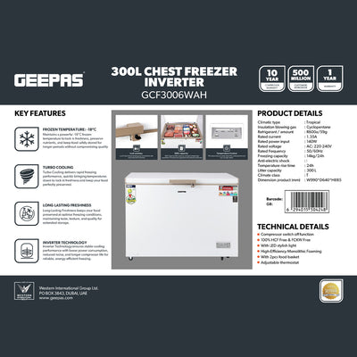 Geepas GCF3006WAH Chest Freezer |300L Large Capacity| Energy-Efficient Deep Freezer|  Adjustable Thermostat| Fast Freezing Function| Low Noise Operation| 1-Year Warranty