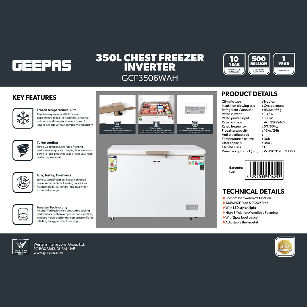 Geepas GCF3506WAH Chest Freezer | 350L Large Capacity Deep Freezer with 155W Powerful Motor| LED Light| Adjustable Thermostat| Low Noise Operation  | 1-Year Warranty