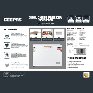 Geepas GCF3506WAH Chest Freezer | 350L Large Capacity Deep Freezer with 155W Powerful Motor| LED Light| Adjustable Thermostat| Low Noise Operation  | 1-Year Warranty