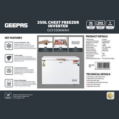 Geepas GCF3506WAH Chest Freezer | 350L Large Capacity Deep Freezer with 155W Powerful Motor| LED Light| Adjustable Thermostat| Low Noise Operation  | 1-Year Warranty