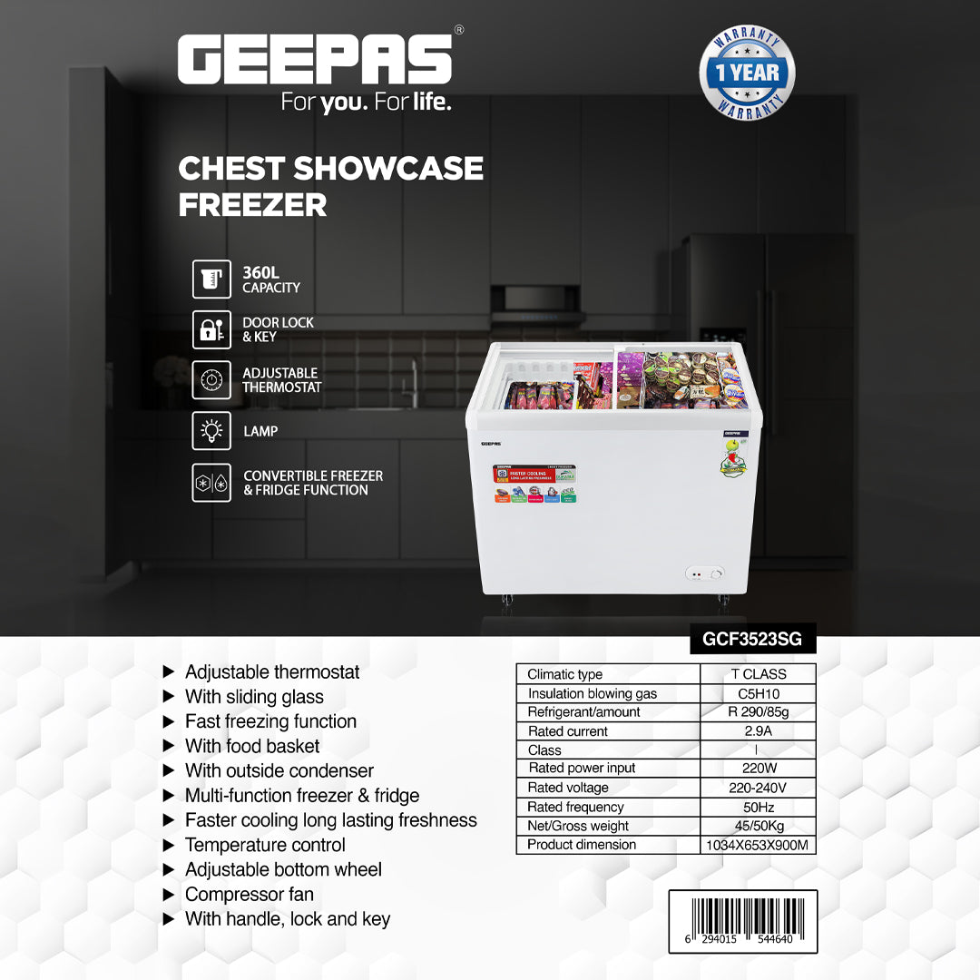 Geepas GCF3523SG Chest Showcase Freezer|360L Convertible Freezer & Fridge| Adjustable Thermostat |Sliding Glass Doors| Fast Freezing Function| Lock & Key |1-Year Warranty