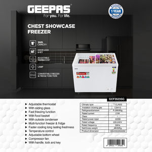 Geepas GCF3523SG Chest Showcase Freezer|360L Convertible Freezer & Fridge| Adjustable Thermostat |Sliding Glass Doors| Fast Freezing Function| Lock & Key |1-Year Warranty